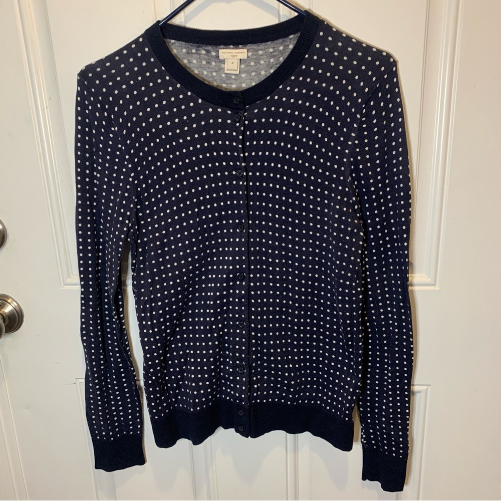 J. Crew Navy and White Polka Dot Light Button Up Cardigan Size M